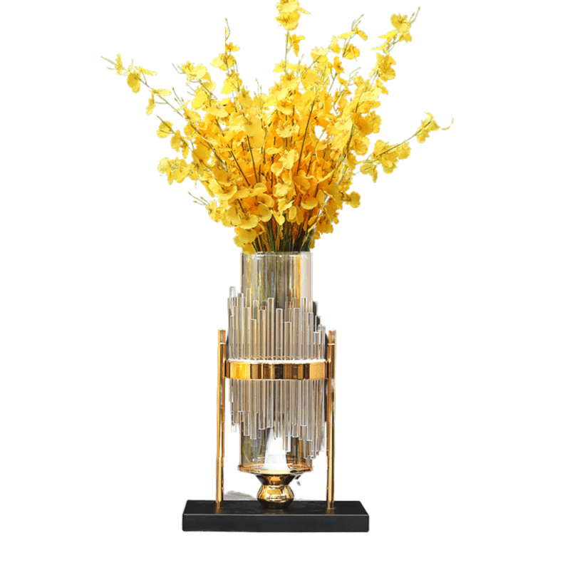 Vase transparent moderne en tube de verre et support doré