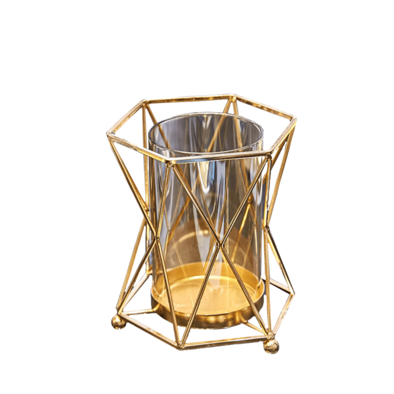 Vase transparent en verre avec armature dorée géométrique
