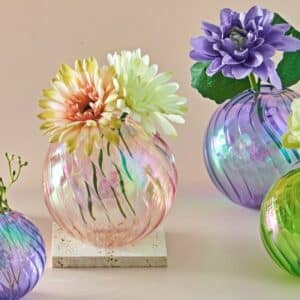 Vases en forme de boule en verre strié avec des reflets multicolore. Les vases sont transparents, de couleur pastel, en rose, mauve ou vert. Ils sont de différente taille et diamètre. Le grand vase rose contient des fleurs blanches, roses et jaunes. Le vase mauve contient une fleur mauve.