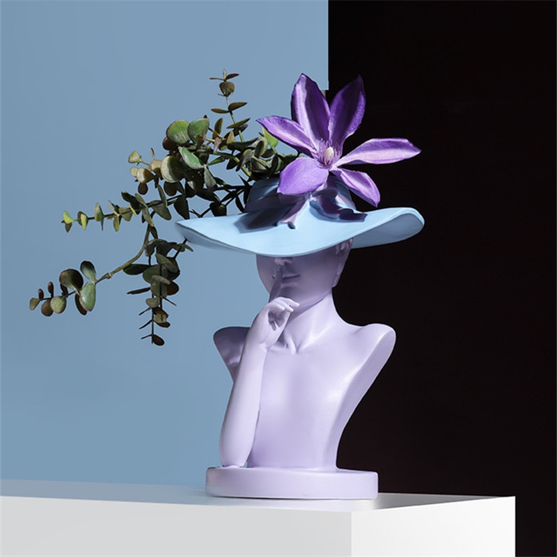 Vase Buste De Femme Moderne – Tête De Dame Avec Fleurs En Résine (29 Cm) Multicolore