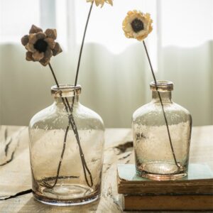 Vase de style dame Jeanne en verre, en forme de grosse bonbonne grise, verre à bulles soufflé à la main, contient des fleurs séchées en soliflore.