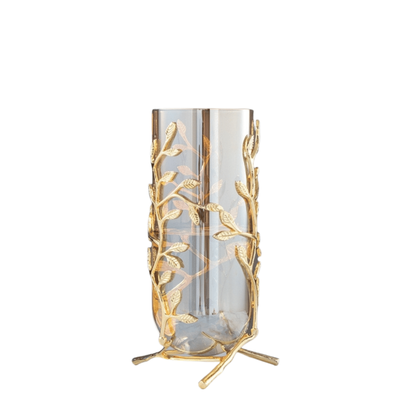 Vase en verre avec corset feuillage doré