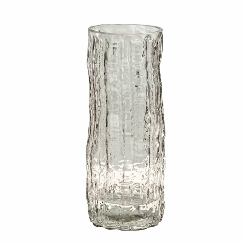 Vase transparent en verre tubulaire avec une texture irrégulière.