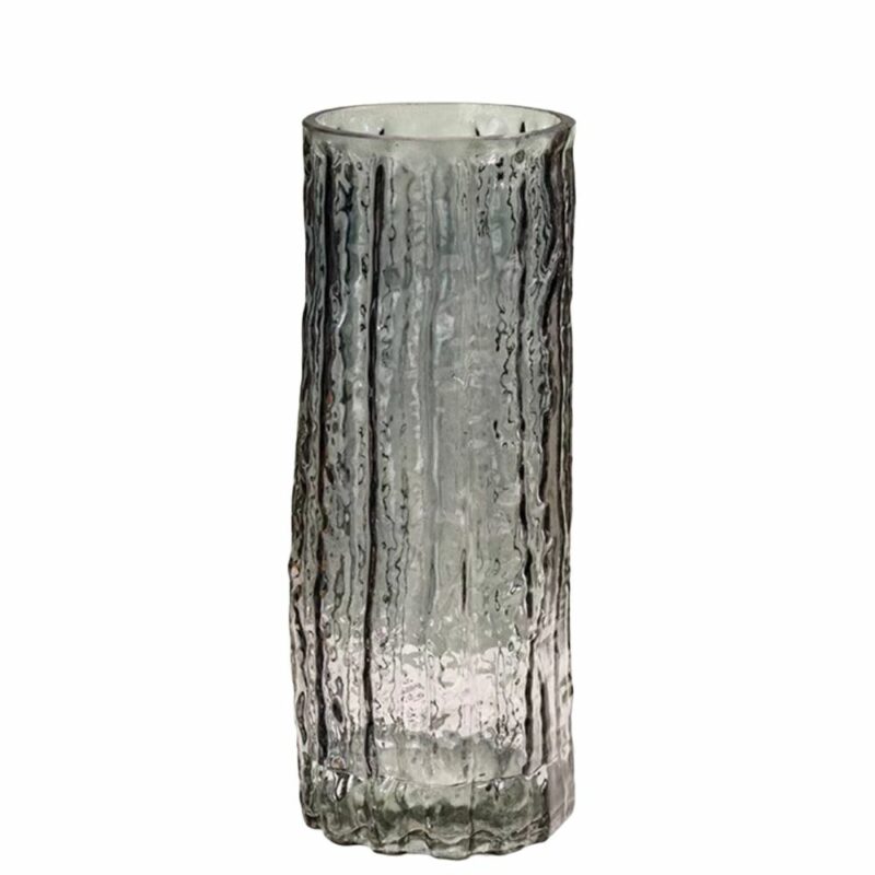 Vase de style Murano, de forme tubulaire, fabriqué en verre soufflé. La surface du vase est irrégulière avec une texture faite d'aspérités. Le vase est teinté en noir.
