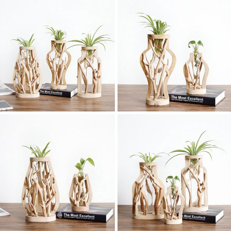 Vase En Bois Massif Grand Et Rustique - Décoration D'intérieur Pour Salon, Chambre, Bureau, Salle De Bain
