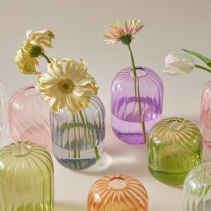 Vase en verre coloré de forme ovoïde à spirale. Ces petits vases transparents sont exposés en différentes couleurs. Deux d'entre eux contiennent des fleurs. Ils sont exposés sur une surface grise.
